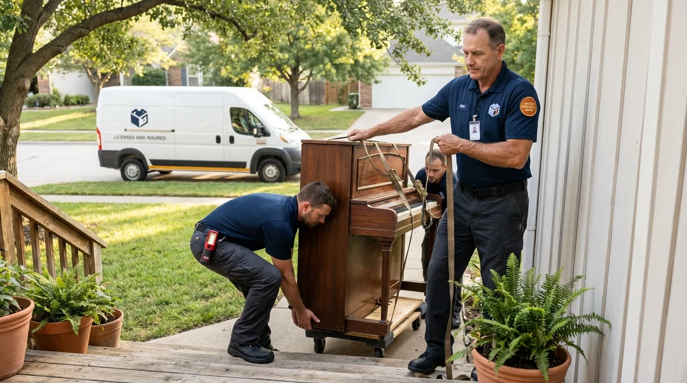 Licensed piano movers securing grand piano in Elberton, GA