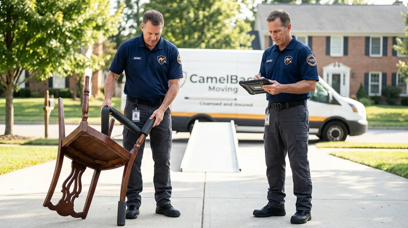 Movers inspecting furniture for damage prevention before loading in Elberton, GA